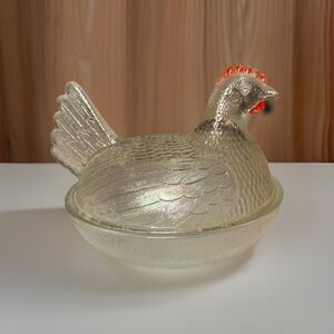 Clear Pressed Glass Red Crown Chicken Farm Animal Hen On A Nest Vintage